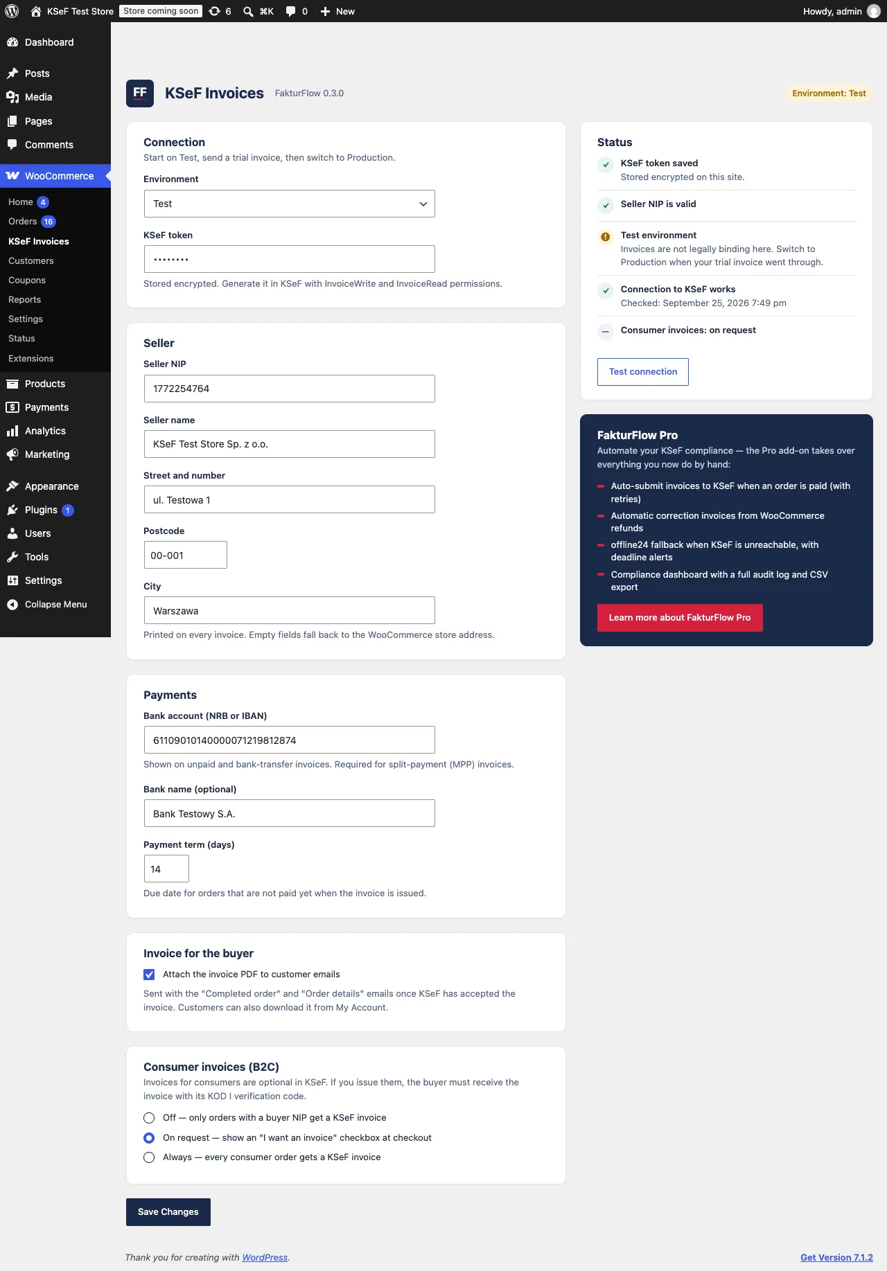 Settings (WooCommerce > KSeF Invoices) — connection, seller data, bank account and payment term, buyer PDF, consumer invoices, and the Status panel.