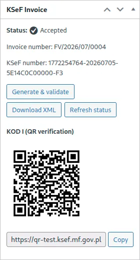 Order edit screen metabox — generate, send and refresh actions, status, and the KOD I verification QR code.