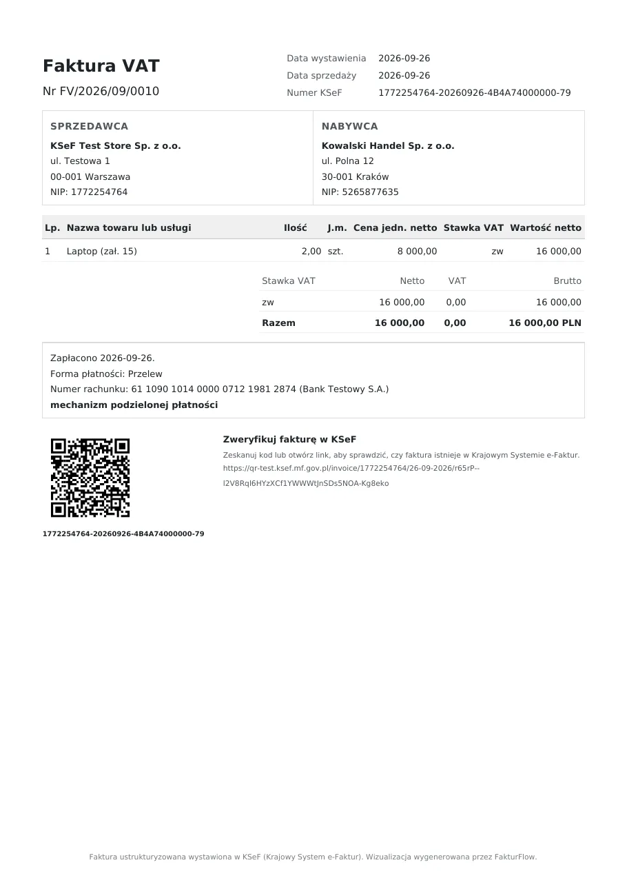 Invoice PDF the buyer receives, with the KOD I verification code.
