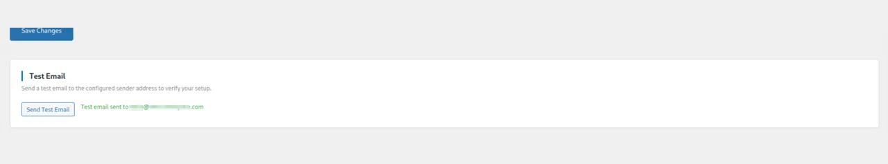 Test email confirmation showing successful API delivery.